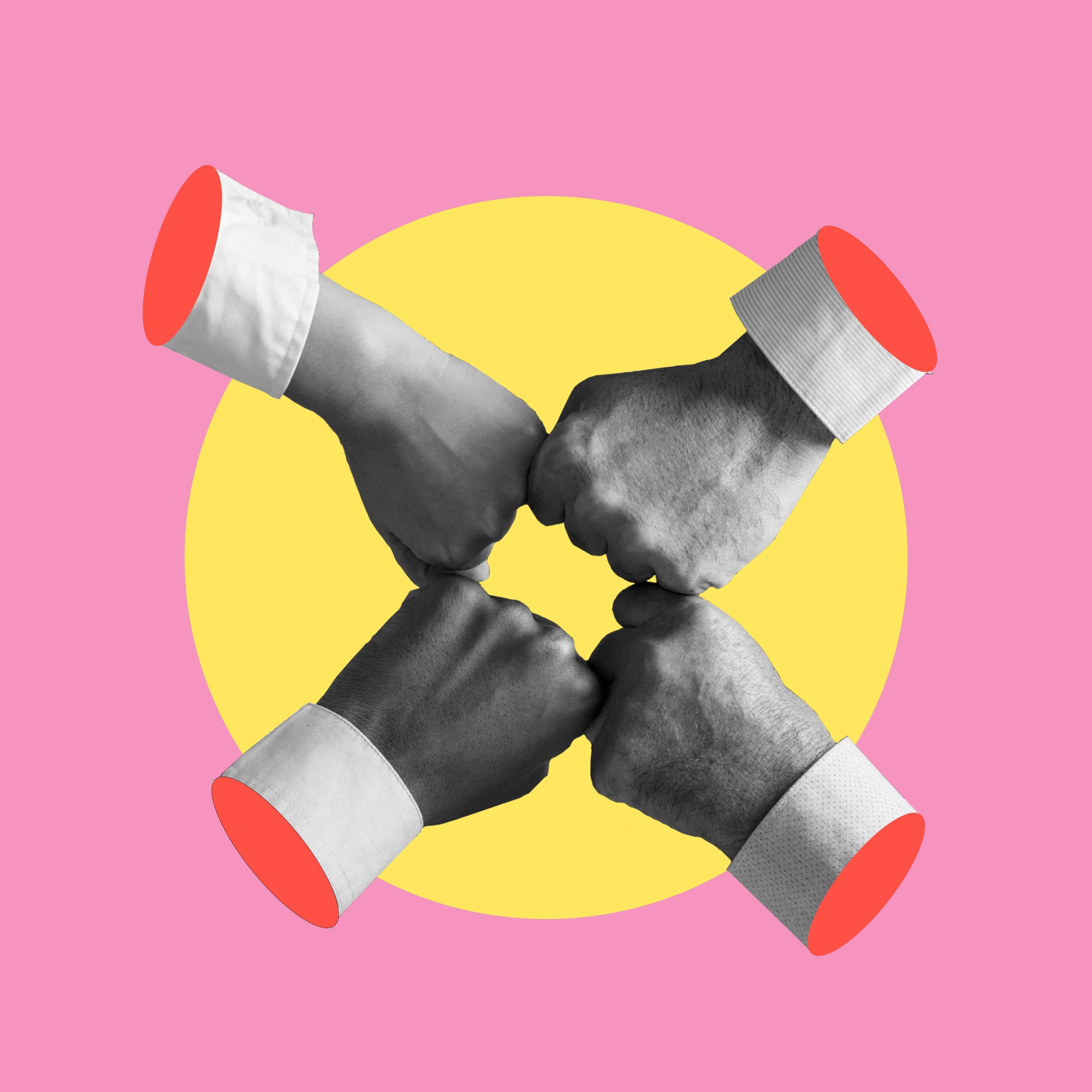 Four Hands Combining On Yellow Background